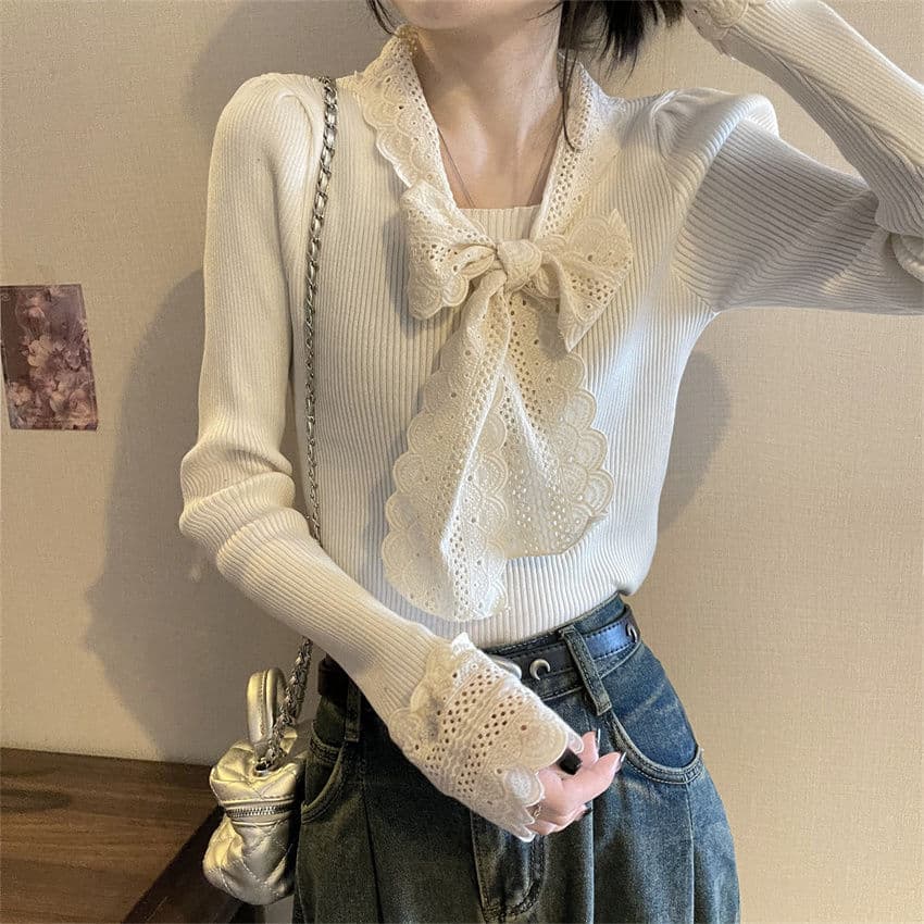大人かわいい服 レース襟リボン付きリブニット長袖トップス
