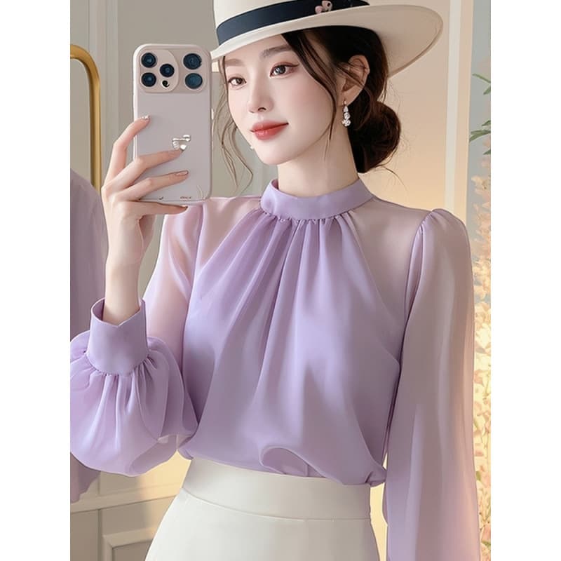 大人かわいい服 エレガントギャザーシフォンブラウス