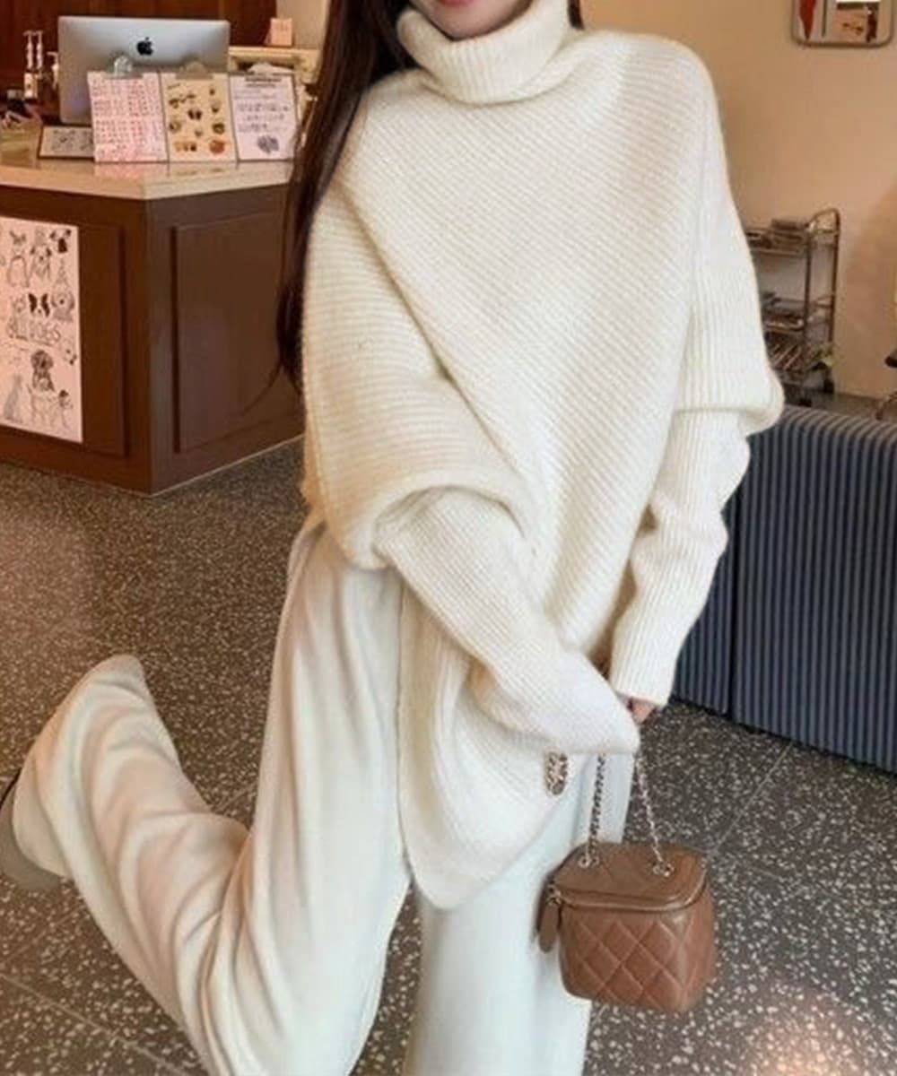 大人かわいい服 ハイネック不規則裾ニットセーター