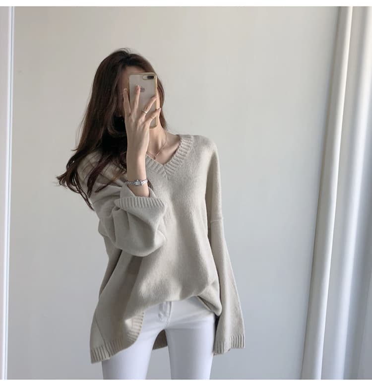 大人かわいい服 ゆったりブイネックニットプルオーバー