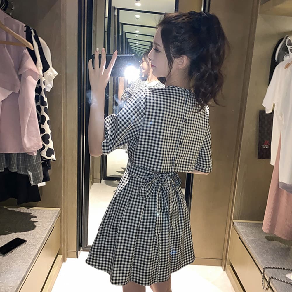 大人かわいい服 バックオープン ギンガムチェックワンピース