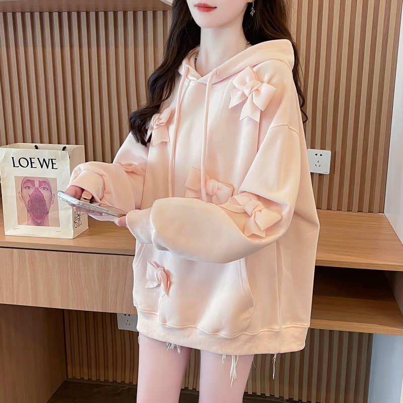 大人かわいい服 立体リボン付きゆったりパーカー