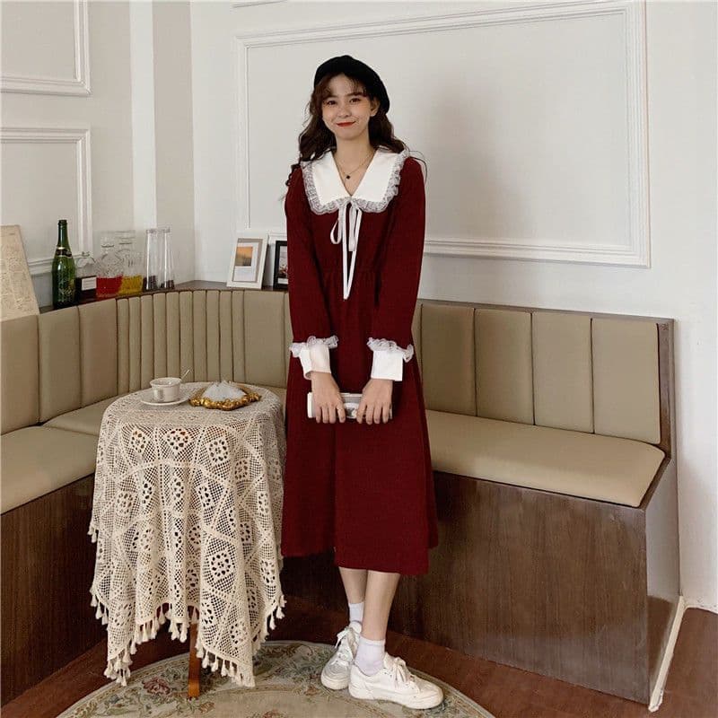 大人かわいい服 レース襟付きリボン結び長袖ワンピース