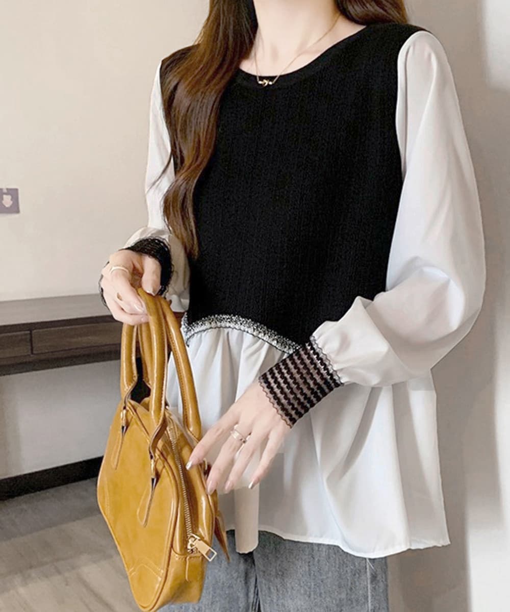 大人かわいい服 ニット切替え袖編み込みシャツブラウス長袖トップス