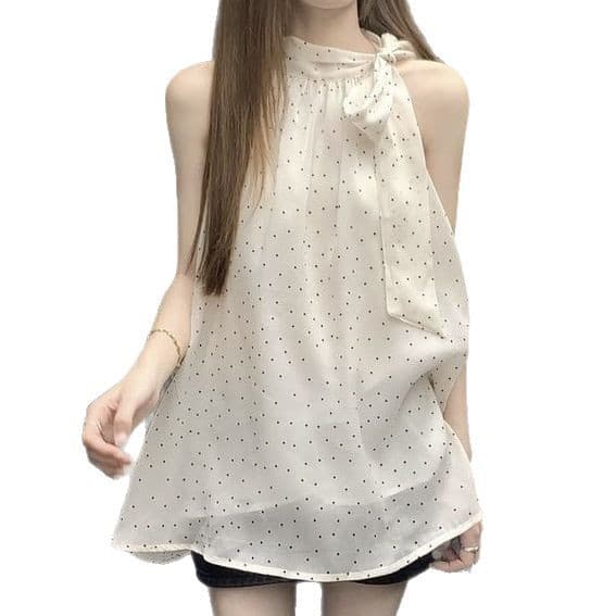 大人かわいい服 肩リボンドットノースリーブブラウス