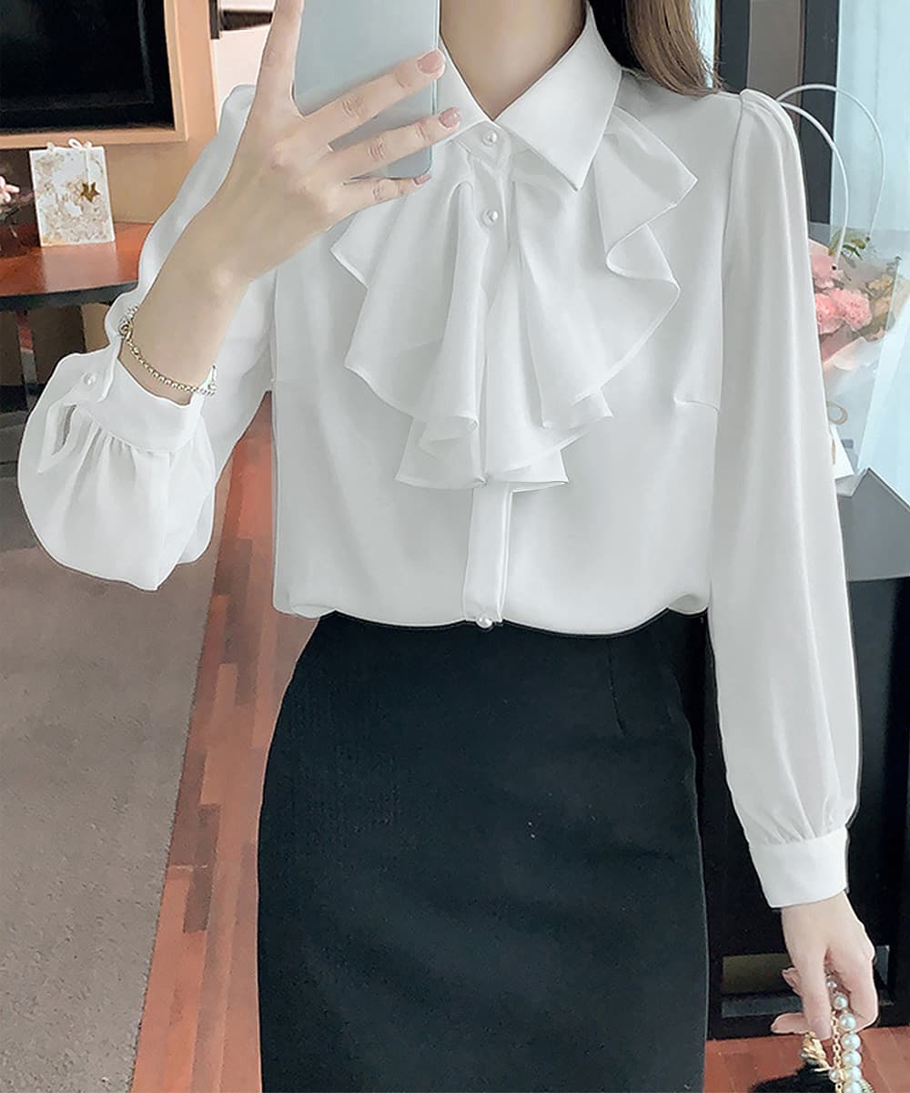 大人かわいい服 胸元フリル長袖シャツトップス上品ブラウス