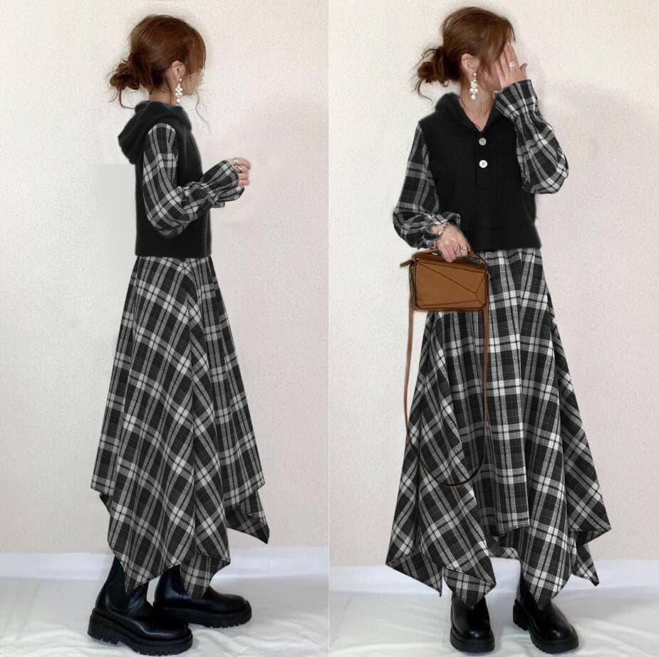 大人かわいい服 チェック柄切替ニットベスト重ね着風ワンピース
