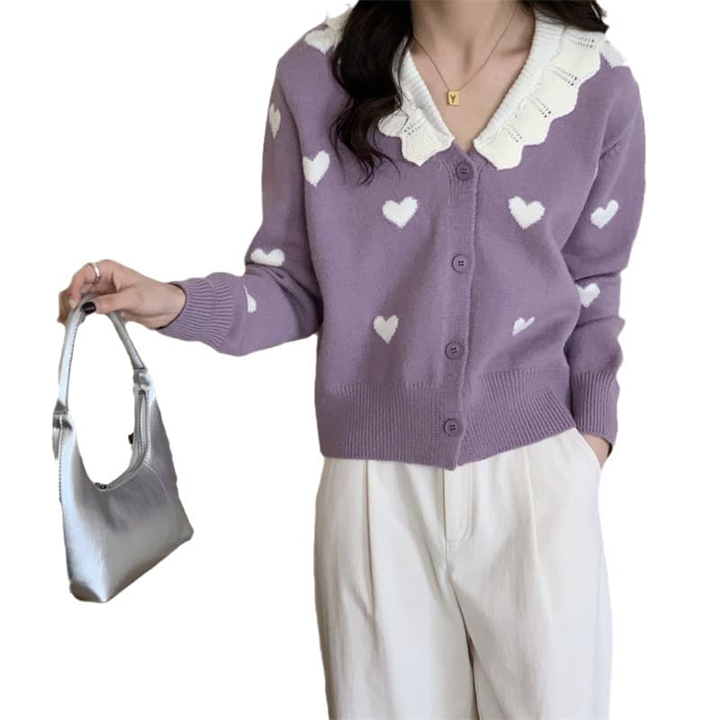 大人かわいい服 ハート柄襟付きニットカーディガン
