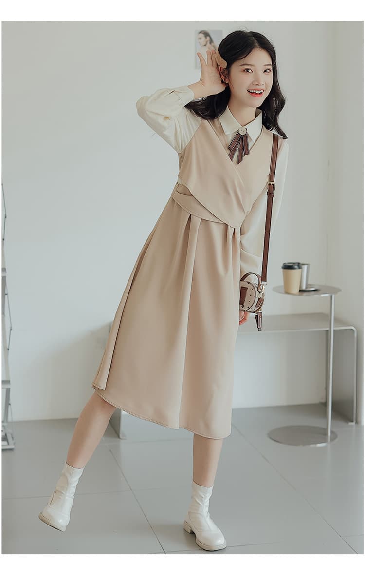 大人かわいい服 襟付きブラウス重ね着風ベルト付きワンピース