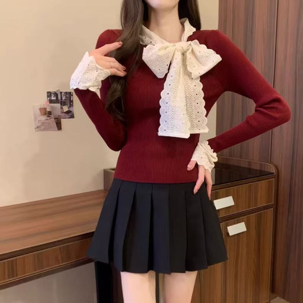 大人かわいい服 レース襟リボン付きリブニット長袖トップス