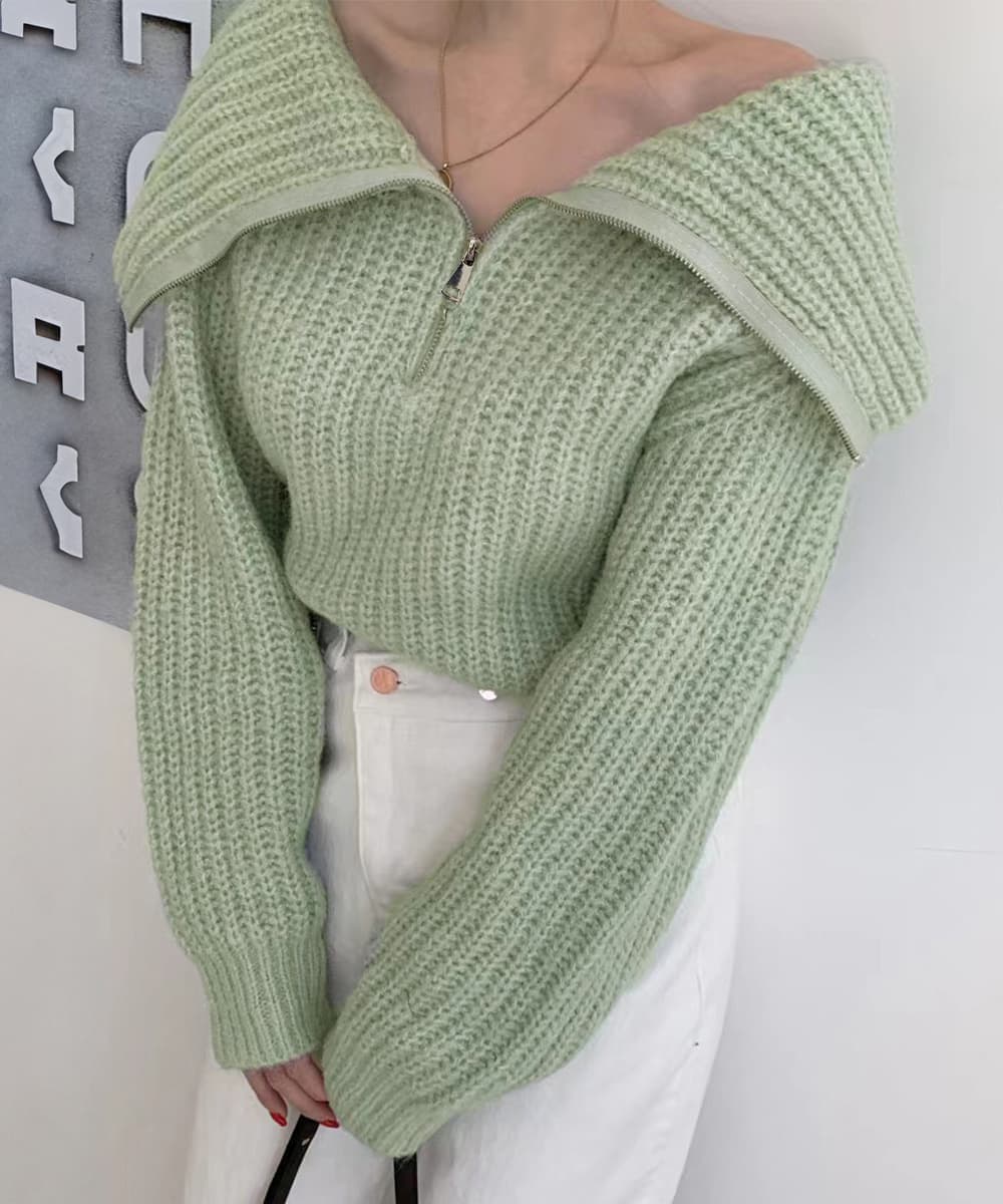 大人かわいい服 小顔見せビッグカラー ハーフジップニットトップス