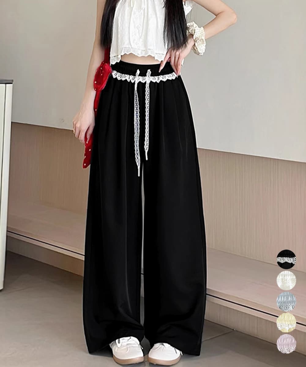 大人かわいい服 レース飾り 夏用ワイドパンツ 涼しげイージー