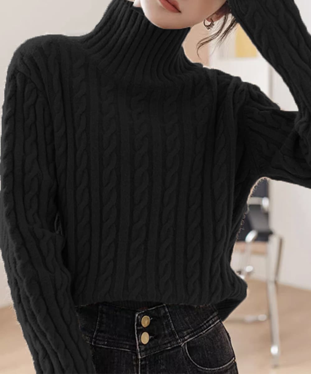 大人かわいい服 上質ケーブル編みタートルネックトップス
