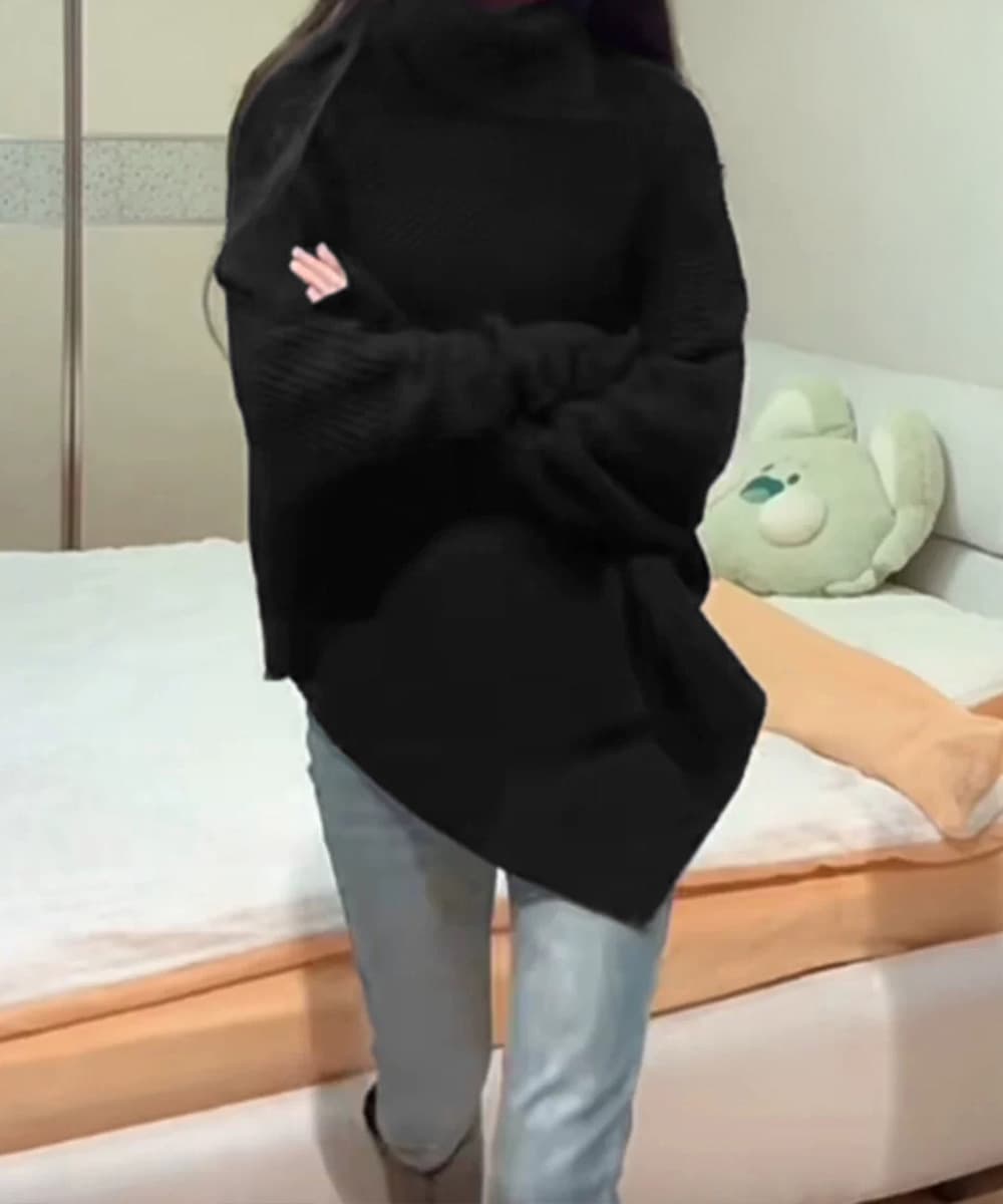 大人かわいい服 ハイネック不規則裾ニットセーター