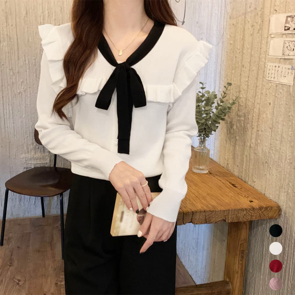 大人かわいい服 フリルリボン付きニットトップス 大人可愛い