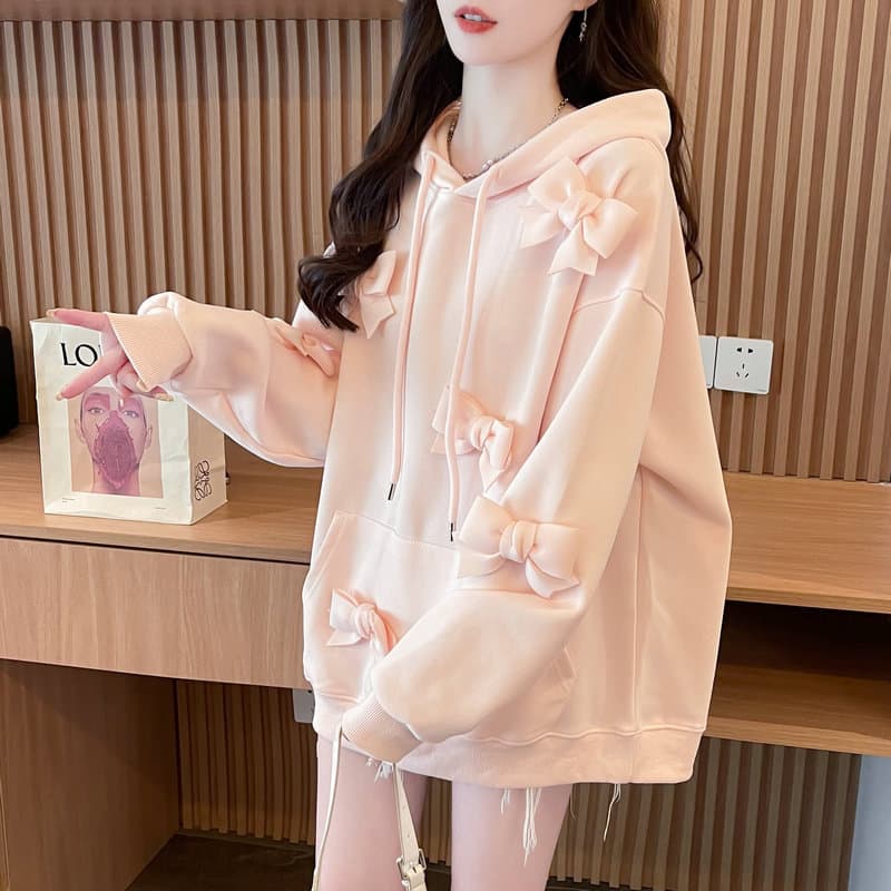 大人かわいい服 立体リボン付きゆったりパーカー