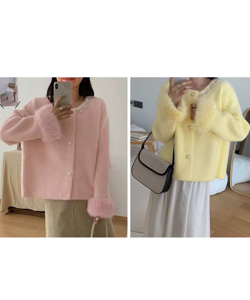 大人かわいい服 パール付きふわふわモヘア風ニットカーディガン
