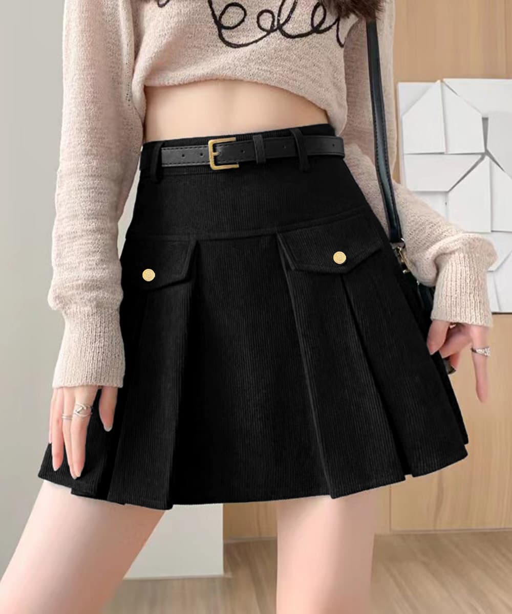 大人かわいい服 大人かわいい コーデュロイプリーツスカート ベルト付き