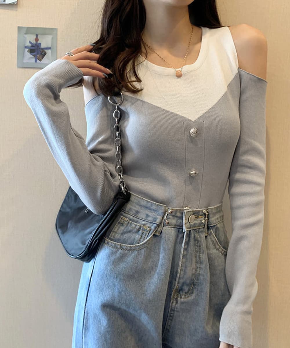 大人かわいい服 肩見せバイカラー リブニットトップス