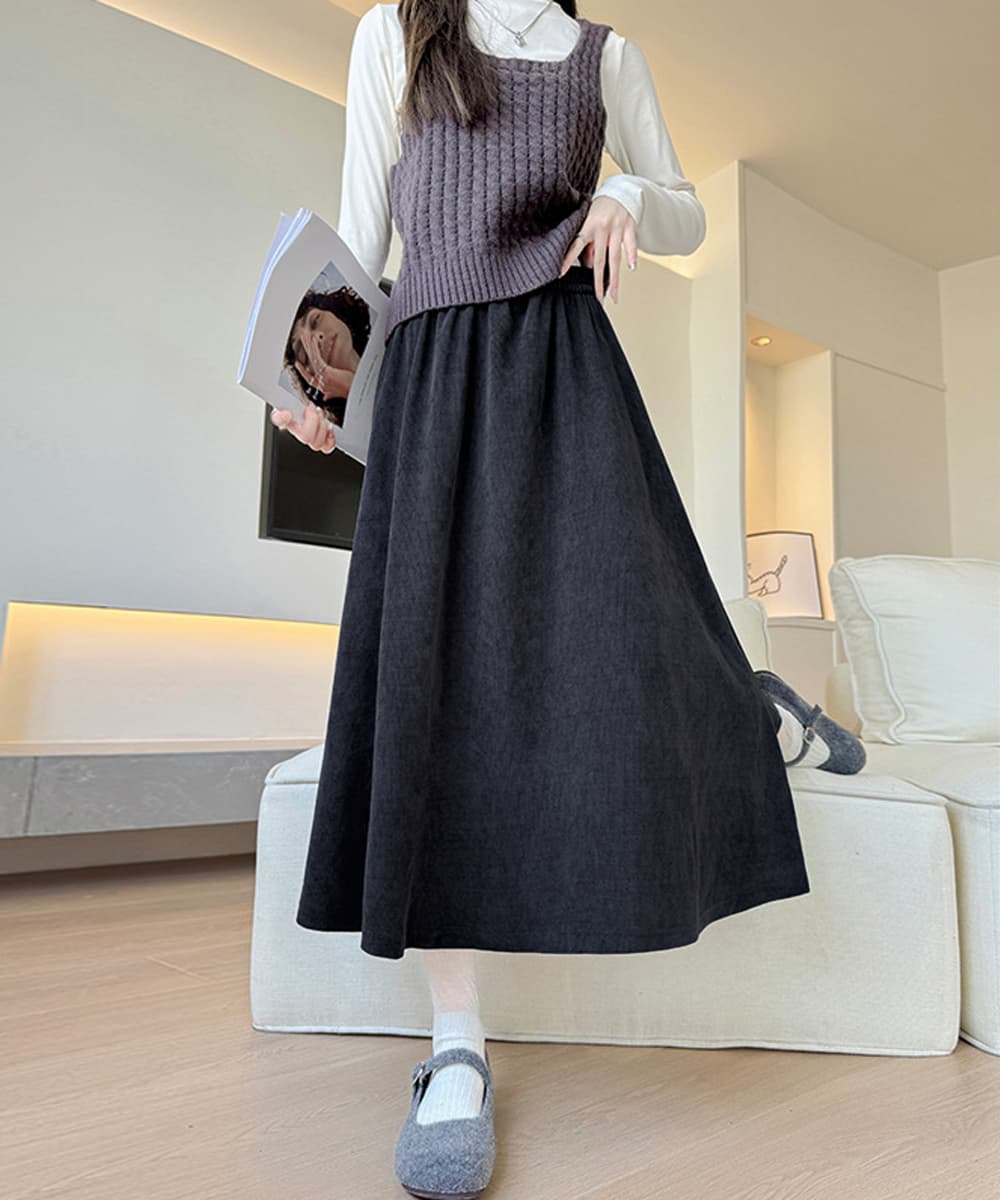 大人かわいい服 ハイウエストフレアロングスカート 体型カバー