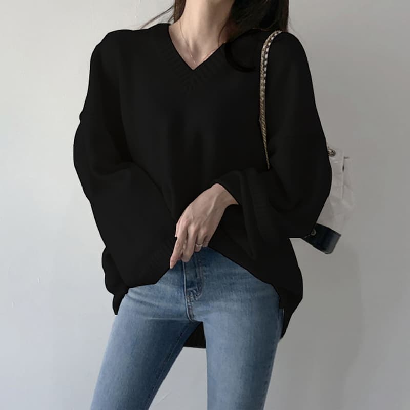 大人かわいい服 ゆったりブイネックニットプルオーバー